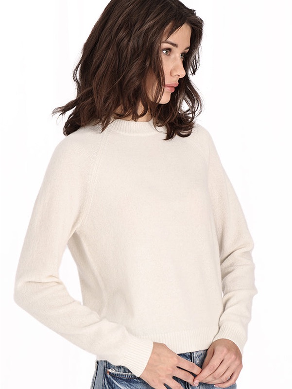 Minnie Rose 100% Cashmere 9gg Long Sleeve Shrunken Crew- Cream Sz M